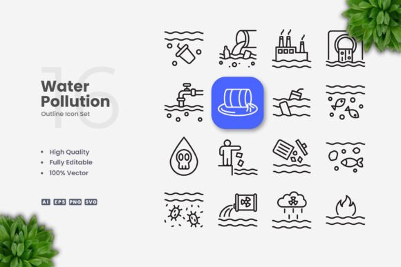 Water Pollution Icons: Clean Graphics for Modern Web Design